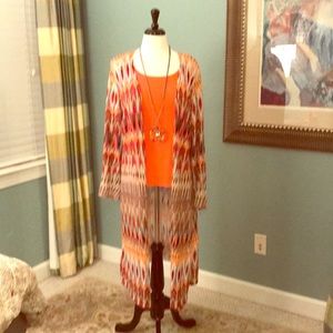 CHICO’S PEACOCK PRINT LONG SWEATER